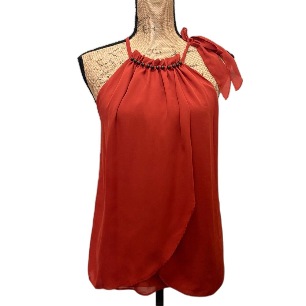 Goldray Rust‎ Orange Beaded Halter Top Asymmetrical Chiffon Blouse Size Small